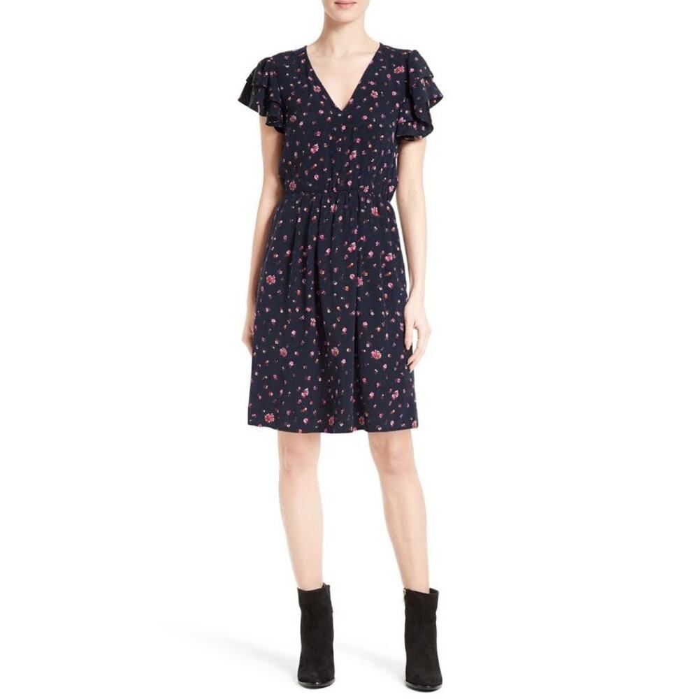 Rebecca Taylor 100% Silk Navy Floral Mini Dress Size 00 WeddingGuest FrenchGirl